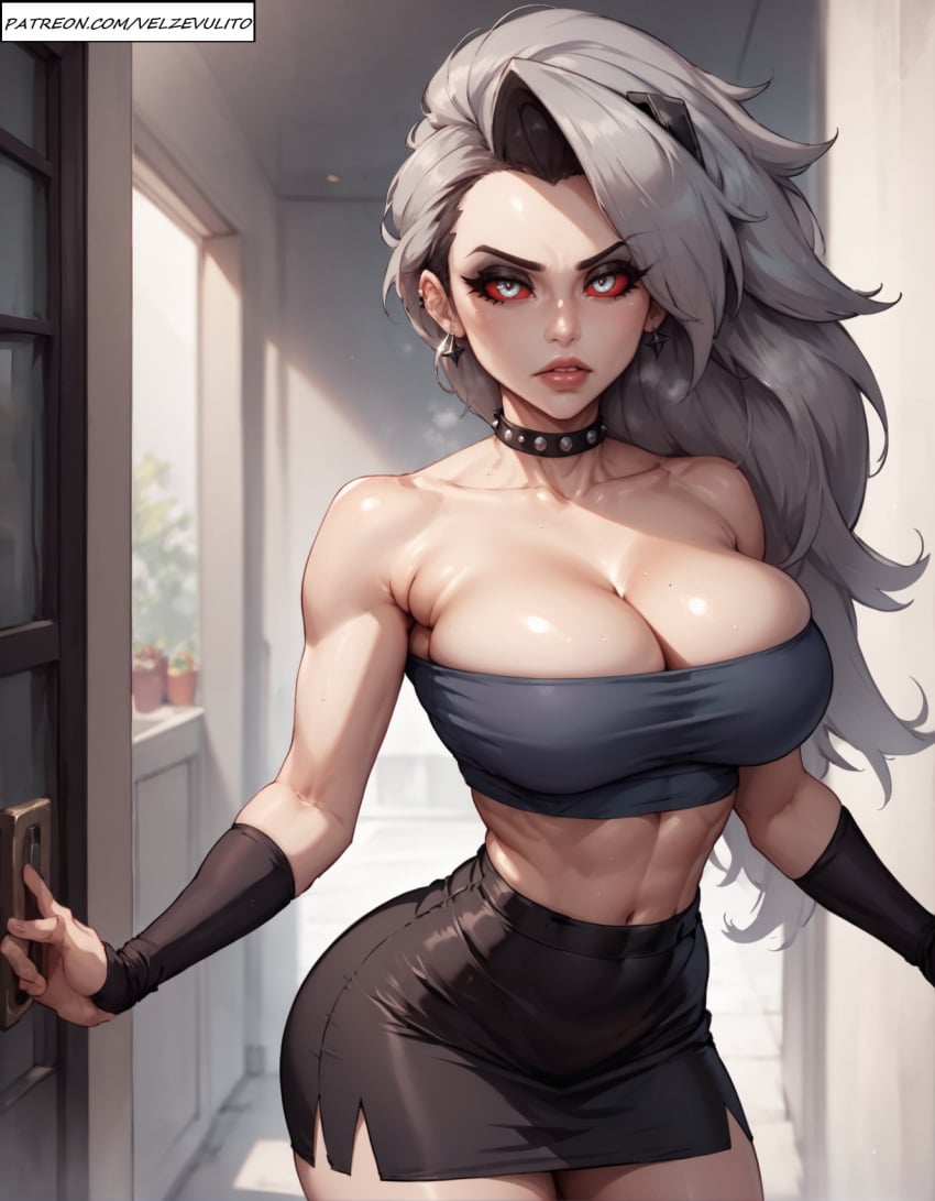 ai_generated big_breasts bubble_butt cleavage helluva_boss loona_(helluva_boss) skirt tight_clothes tube_top velzevulito