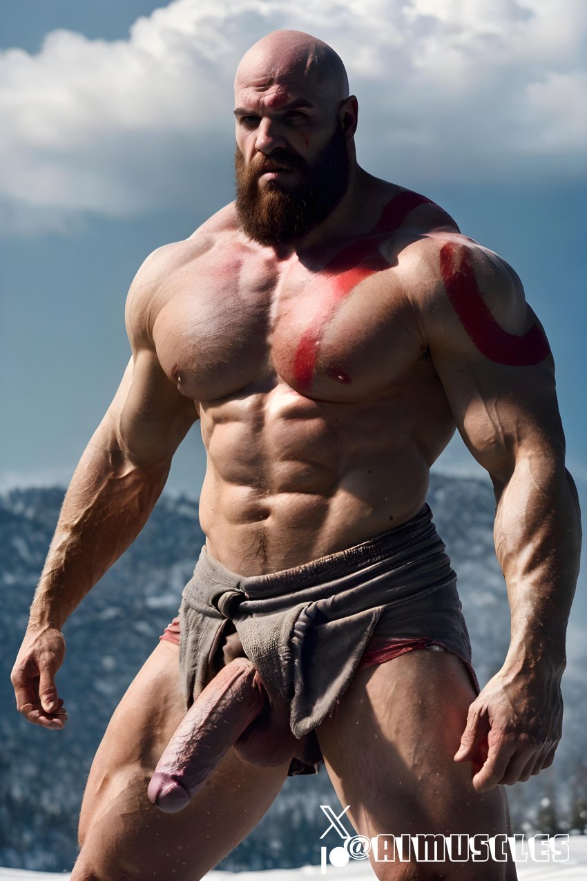 1boy ai_generated aimuscles bald bald_man bara barely_clothed barely_covered beard big_penis daddy dilf facial_hair god_of_war kratos large_penis loincloth looking_at_viewer male male_focus male_only mature_male muscles muscular muscular_arms muscular_ass muscular_back muscular_legs nature nature_background older_male outdoor_nudity outdoors partially_clothed_male partially_nude partially_undressed penis penis_sticking_out public_exposure red_markings red_skirt scantily_clad snow snowy_background winter