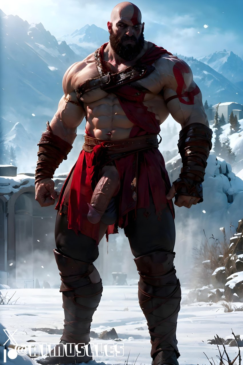 1boy ai_generated aimuscles bald bald_man bara barely_clothed barely_covered beard big_penis daddy dilf facial_hair god_of_war kratos large_penis looking_at_viewer male male_focus male_only mature_male muscles muscular muscular_arms muscular_ass muscular_back muscular_legs nature nature_background older_male outdoor_nudity outdoors partially_clothed_male partially_nude partially_undressed penis penis_sticking_out public public_exposure red_markings red_skirt scantily_clad snow snowy_background winter