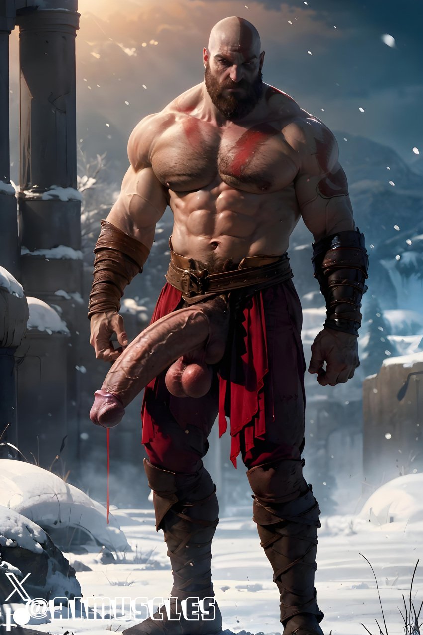 1boy ai_generated aimuscles bald bald_man bara barely_clothed barely_covered beard big_penis daddy dilf facial_hair god_of_war kratos large_penis looking_at_viewer male male_focus male_only mature_male muscles muscular muscular_arms muscular_ass muscular_back muscular_legs nature nature_background older_male outdoor_nudity outdoors partially_clothed_male partially_nude partially_undressed penis_sticking_out public_exposure red_markings red_skirt scantily_clad snow snowy_background winter