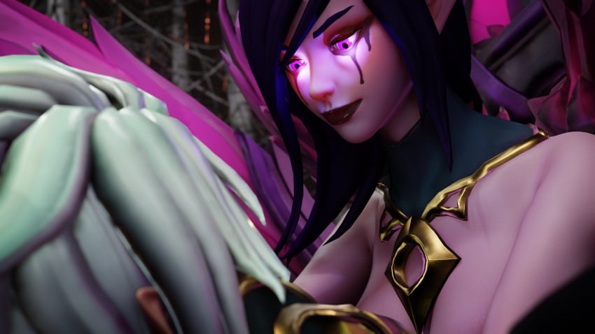 3d armor blender close-up dark_red_lipstick erevos kayle league_of_legends morgana necklace purple_body purple_hair purple_skin raffle_prize self_upload smirk smirking_at_partner white_hair wings