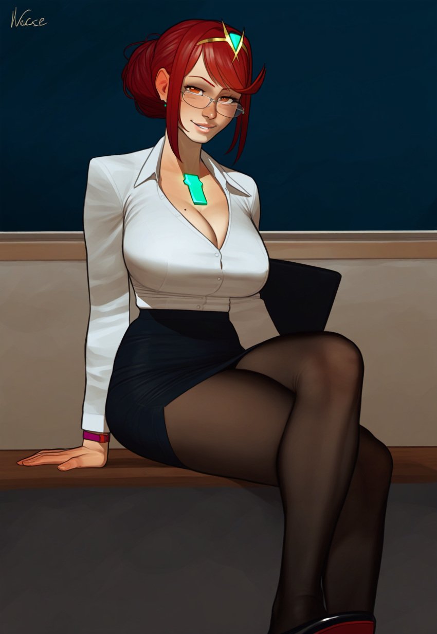 aged_up_ ai_generated bespectacled blouse chalkboard chest_jewel classroom cleavage core_crystal_(xenoblade) crossed_legs curvy female glasses hair_bun hair_ornament hair_up high_heels lips mature_female milf mole mole_on_breast naughty_face older pantyhose pencil_skirt pyra pyra_(xenoblade) red_hair robofun seductive_smile sitting teacher thick thick_lips tiara xenoblade_chronicles_2