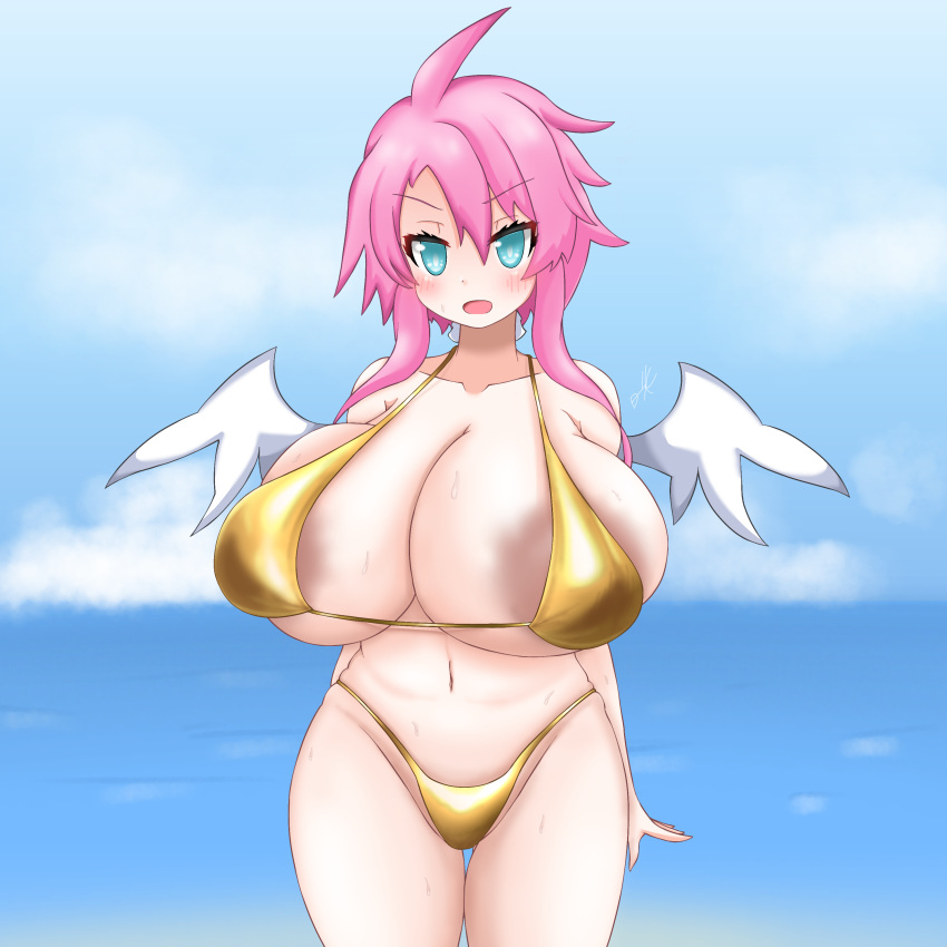 angel angel_wings artina beach bikini bikini_bottom bikini_top breasts dark_areola disgaea disgaea_4 gold_bikini huge_breasts large_breasts nippon_ichi_software pink_hair sea seaside t_kemosk thick_thighs thighs visible_areolae