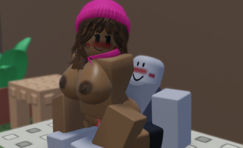 1girls 3d beanie bed block_tales blush brown_body brown_skin dark-skinned_female female first_porn_of_character grey_body grey_skin kyoko_(block_tales) on_bed roblox roblox_game self_upload sex wompwompsad