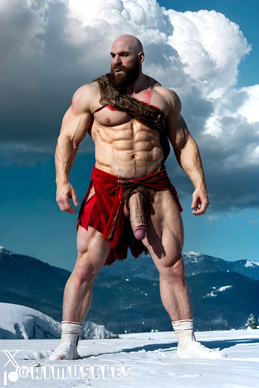 1boy ai_generated aimuscles bald bald_man bara barely_clothed barely_covered beard big_penis daddy dilf facial_hair god_of_war kratos large_penis looking_at_viewer male male_focus male_only mature_male muscles muscular muscular_arms muscular_ass muscular_back muscular_legs nature nature_background older_male outdoor_nudity outdoors partially_clothed_male partially_nude partially_undressed penis penis_sticking_out public public_exposure red_markings red_skirt scantily_clad snow snowy_background winter