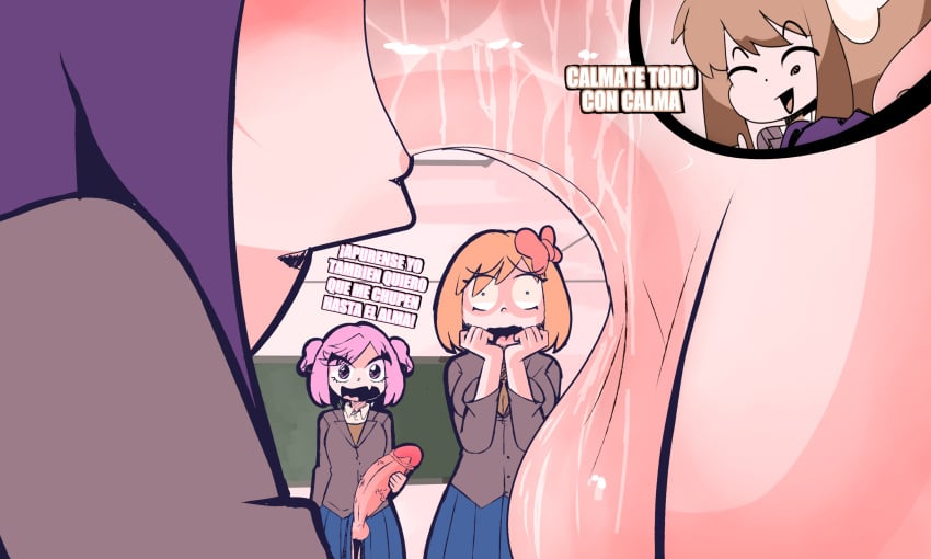 2futas angry_face background balls big_balls big_penis blowjob brown_hair doki_doki_literature_club futanari monika_(doki_doki_literature_club) natsuki_(doki_doki_literature_club) peach_hair pink_hair purple_hair sayori_(doki_doki_literature_club) school_uniform schoolgirl small_balls spanish_dialogue spanish_text surprised vi_wesker white_skin yuri_(doki_doki_literature_club)