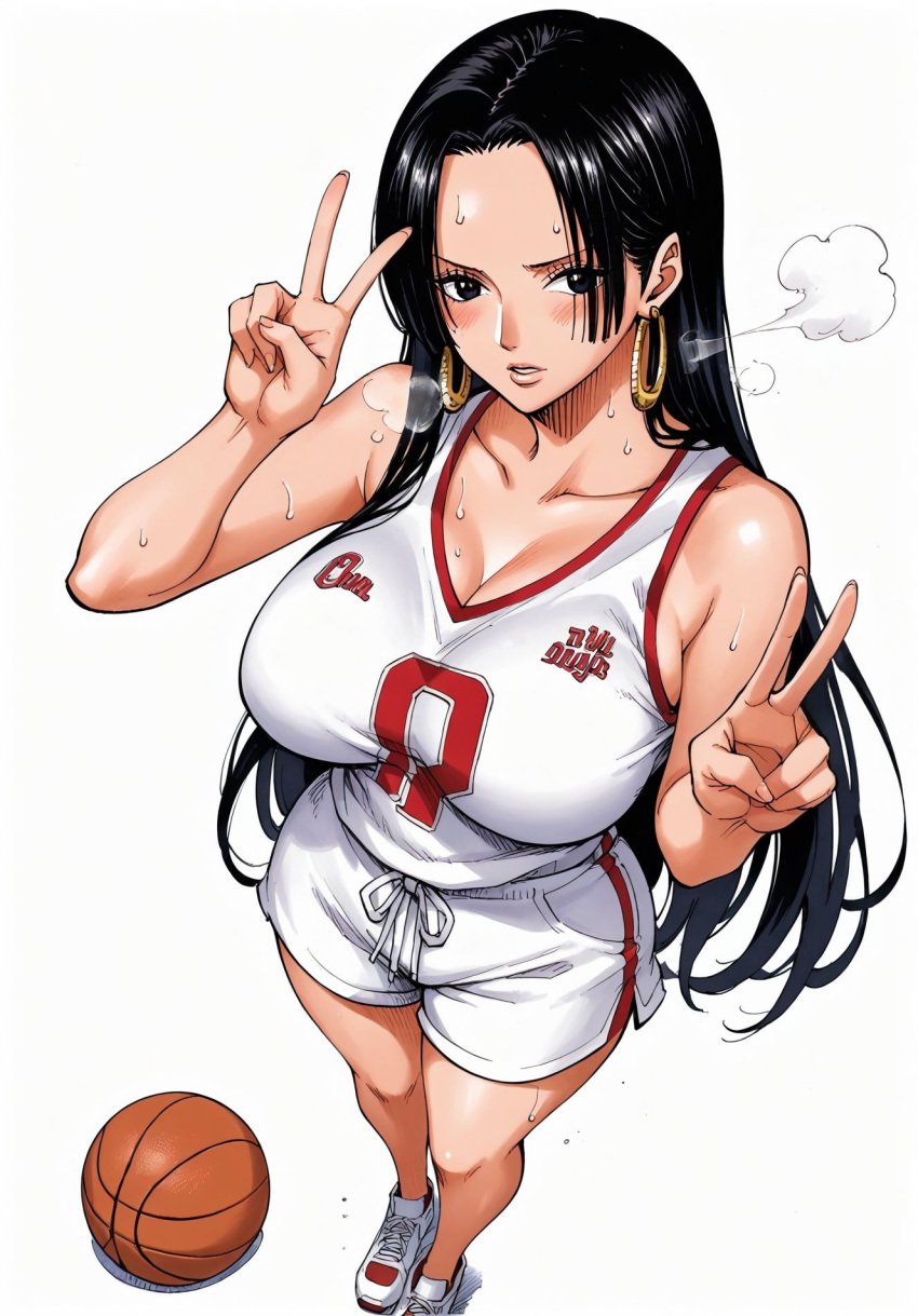 ai_generated alluring almost_naked almost_nude basketball basketball_(ball) basketball_shorts basketball_uniform black_eyes black_hair blush boa_hancock earring earrings female female_only looking_at_viewer one_piece peace_sign seducing seduction seductive seductive_body seductive_eyes seductive_gaze seductive_look seductive_mouth seductive_pose shiny_hair shiny_skin snake_earrings steamy_breath sweat sweatdrop sweating sweaty sweaty_body voluptuous voluptuous_female yashin