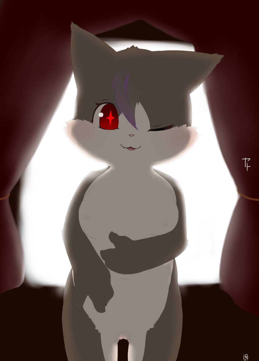 2021 anthro atag_niko biped black_body black_fur breasts cute_fangs domestic_cat felid feline felis female front_view fur genitals hi_res kemono looking_at_viewer mammal nipples nude one_eye_closed open_mouth portrait pussy red_eyes signature small_breasts solo standing three-quarter_portrait tuxedo_cat white_body white_fur wink winking_at_viewer