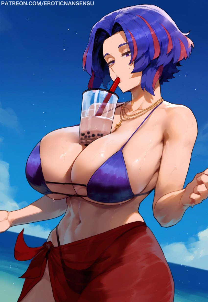 ai_generated big_breasts bikini breast_support curvy drinking erotic_nansensu hourglass_figure lady_nagant multicolored_hair my_hero_academia necklace sarong tight_fit