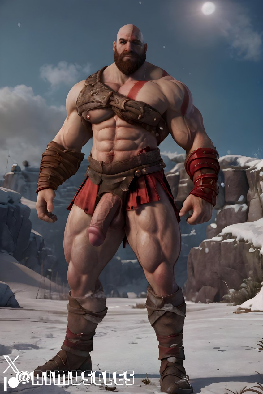 1boy ai_generated aimuscles bald bald_man bara barely_clothed barely_covered beard big_penis daddy dilf facial_hair god_of_war kratos large_penis looking_at_viewer male male_focus male_only mature_male muscles muscular muscular_arms muscular_ass muscular_back muscular_legs nature nature_background older_male outdoor_nudity outdoors partially_clothed_male partially_nude partially_undressed penis penis_sticking_out public public_exposure red_markings red_skirt scantily_clad snow snowy_background winter