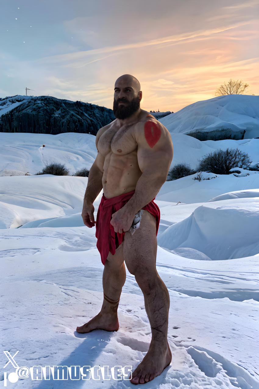 1boy ai_generated aimuscles bald bald_man bara barely_clothed barely_covered beard daddy dilf facial_hair god_of_war kratos looking_at_viewer male male_focus male_only mature_male muscles muscular muscular_arms muscular_ass muscular_back muscular_legs nature nature_background older_male outdoor_nudity outdoors partially_clothed_male partially_nude partially_undressed public public_exposure red_markings red_skirt scantily_clad snow snowy_background winter