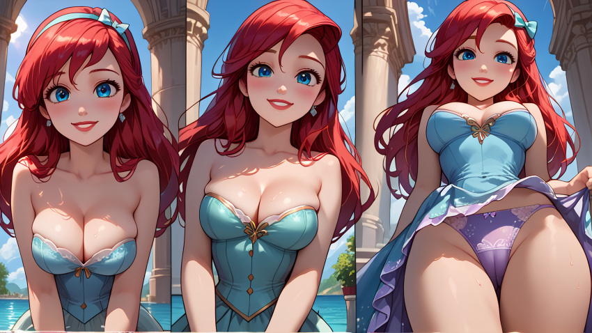 1girls ai_generated ariel blue_dress blue_eyes blush breast_squeeze cameltoe cleavage dress earrings hairbow lifting_dress long_hair looking_at_viewer looking_down_at_viewer multiple_views outdoors panties red_hair skindentation slim_waist smiling sweat the_little_mermaid thick_thighs upskirt wide_hips