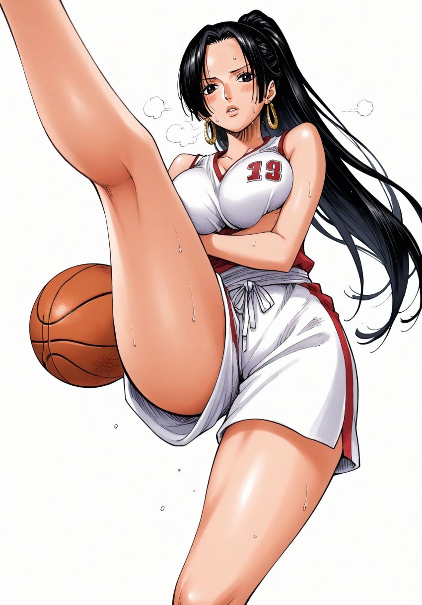 ai_generated alluring almost_naked almost_nude basketball basketball_(ball) basketball_shorts basketball_uniform big_breasts black_eyes black_hair blush boa_hancock earring earrings female female_only looking_at_viewer one_leg_up one_piece ponytail seducing seduction seductive seductive_body seductive_eyes seductive_gaze seductive_look seductive_mouth seductive_pose shiny_hair shiny_skin snake_earrings steamy_breath sweat sweatdrop sweating sweaty sweaty_body thick_thighs voluptuous voluptuous_female yashin