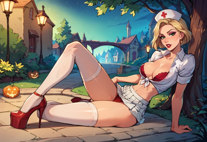 ai_generated blonde_hair bra_peek disney green_eyes halloween halloween_costume makeup nurse_hat nurse_uniform outdoors pleated_skirt rapunzel reclining red_bra red_lipstick red_panties red_shoes seductive_look seductive_pose short_hair short_skirt stable_diffusion tied_shirt upskirt white_shirt white_skirt white_stockings