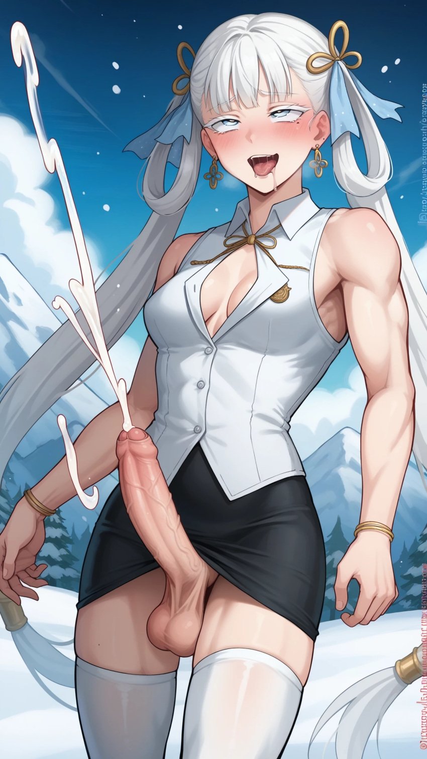 1futa ahe_gao ai_generated cum dickgirl ejaculation futanari jinhsi_(wuthering_waves) pencil_skirt penis slitless_pencil_skirt testicles tight_pencil_skirt twintails white_shirt wuthering_waves yuuki_snow