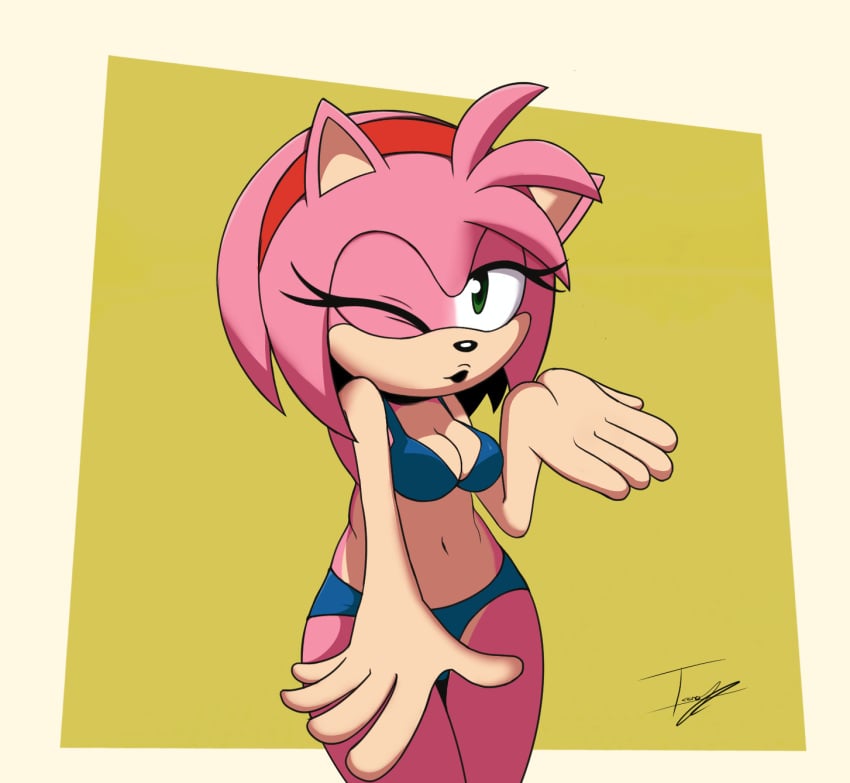 1girls 1treno1 amy_rose anthro anthro_only bikini blowing_kiss female female_focus female_only furry furry_only green_eyes hedgehog hedgehog_girl looking_at_viewer no_humans one_eye_closed pink pink_body red_headband solo solo_female solo_focus sonic_(series) sonic_the_hedgehog_(series) tagme