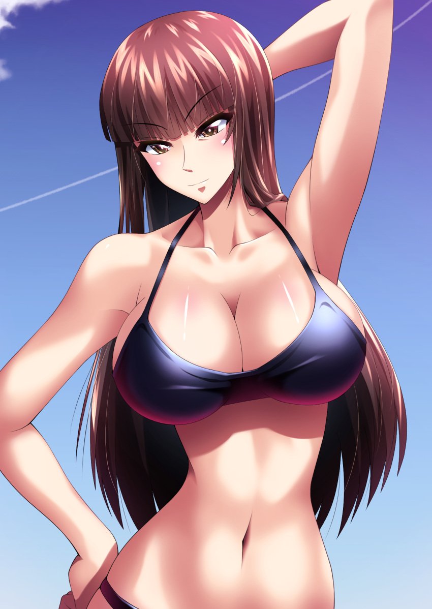 1girls armpits belly belly_button bikini blue_background bra breasts brown_eyes brown_hair cleavage clouds collarbone condensation_trail eyebrows_visible_through_hair female female_focus girls_und_panzer gradient_background grey_clothing grey_underwear high_resolution highres huge_breasts large_breasts light-skinned_female light_skin long_hair looking_at_viewer mature mature_female memotonoshiwatsubasa midriff milf mommy mother nishizumi_shiho panties pointy_chin shaved_armpit simple_background sky solo solo_female solo_focus thong underwear very_long_hair white_background white_hair