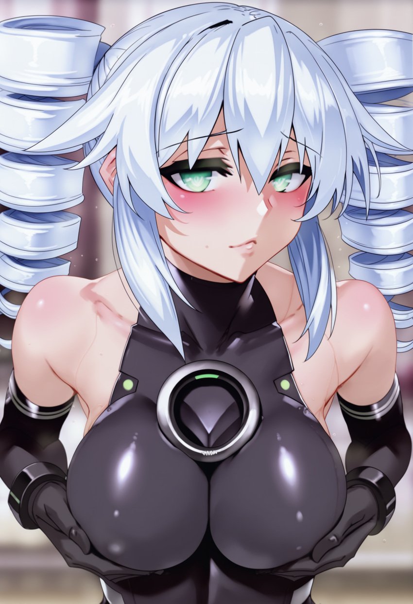 ai_generated alternate_breast_size bare_shoulders black_sister blush breasts close-up clothed elbow_gloves goddess green_eyes hands_on_breasts light-skinned_female looking_at_viewer neptunia_(series) shiny skin_tight solo twin_drills uni_(neptunia) white_hair