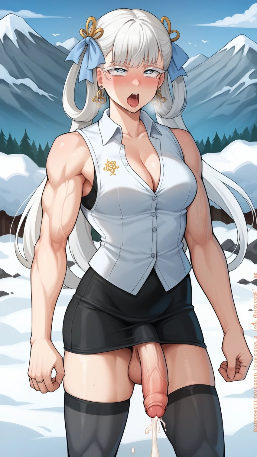 1futa ahe_gao ai_generated cum dickgirl ejaculation futanari jinhsi_(wuthering_waves) pencil_skirt penis slitless_pencil_skirt testicles tight_pencil_skirt twintails white_shirt wuthering_waves yuuki_snow