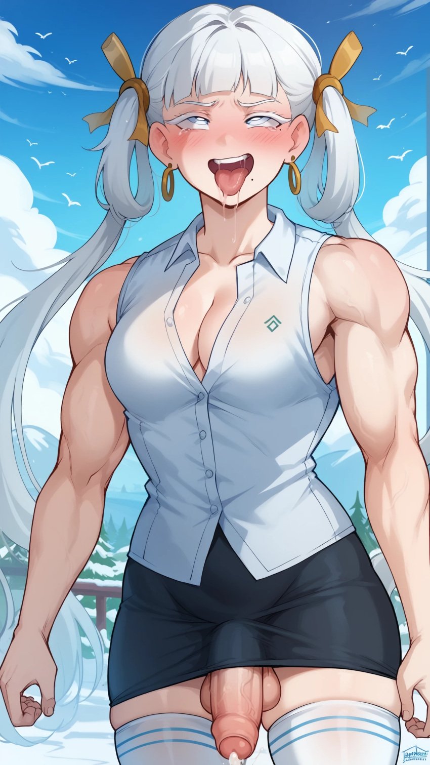 1futa ahe_gao ai_generated cum dickgirl ejaculation futanari jinhsi_(wuthering_waves) pencil_skirt penis slitless_pencil_skirt testicles tight_pencil_skirt twintails white_shirt wuthering_waves yuuki_snow