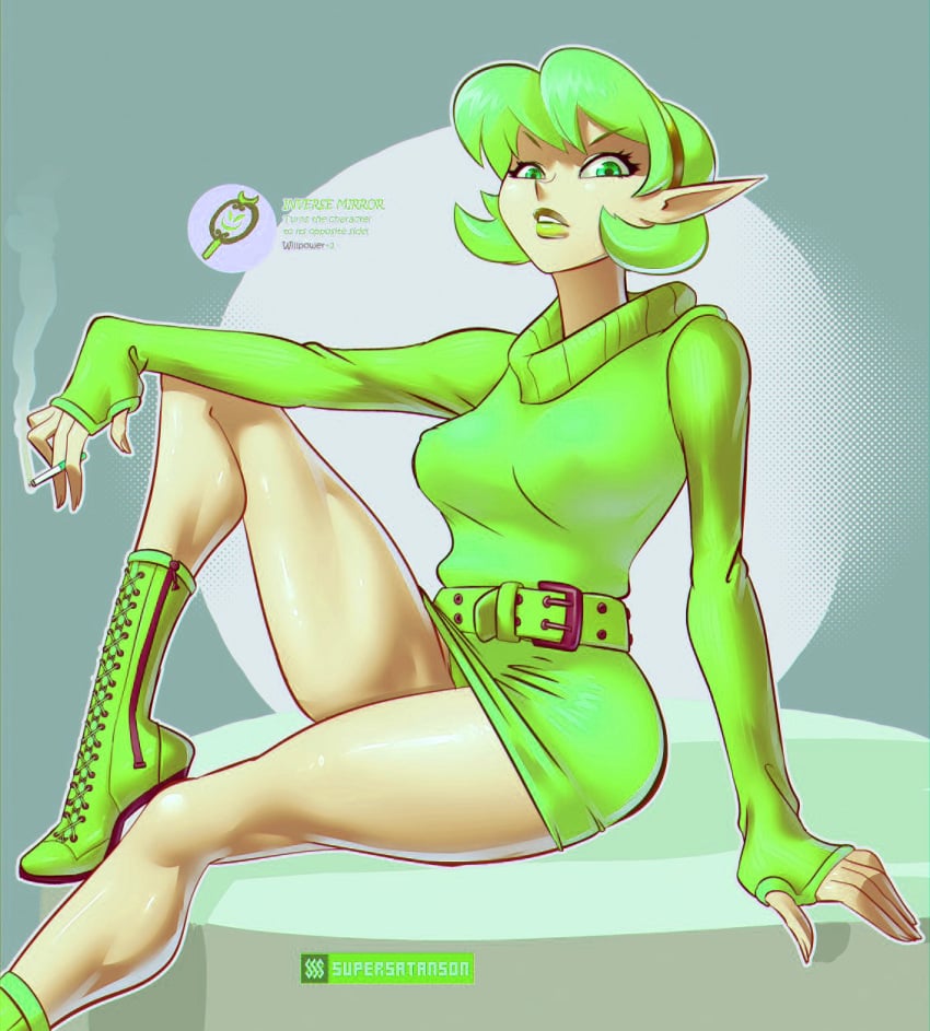 1girls bimbo cigarette clothing edit female female_only green_eyes green_hair green_lipstick hairband hourglass_figure humanoid_pointy_ears inverse_mirror kokiri nintendo ocarina_of_time pointed_ears pointy_ears saria short_green_hair short_hair solo supersatanson the_legend_of_zelda upskirt