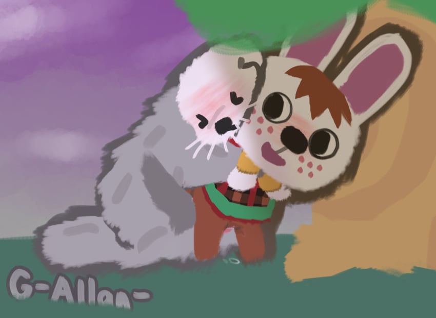 animal_crossing anthro blush bodily_fluids bottomless brown_body brown_fur closed_eyes clothed clothing cloud detailed_background duo female freckled_face freckles from_behind_position fur g-allan- gabi_(animal_crossing) genital_fluids genitals grey_body grey_fur hand_holding hand_on_chest lagomorph leporid male male/female mammal multicolored_body multicolored_fur mustelid nintendo nude on_model otter outside_sex pattern_clothing pattern_shirt pattern_topwear penetration penile penile_penetration penis penis_in_pussy plaid plaid_clothing plaid_shirt plaid_topwear plant purple_sky pussy pussy_juice_on_ground pussy_juice_on_penis pussy_juice_on_pussy rabbit round_eyes round_nose sea_otter sex shirt shirt_only short_legs sky standing standing_sex topwear topwear_only tree vaginal_fluids vaginal_penetration vaginal_penetration whiskers white_body white_fur