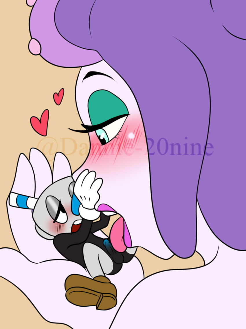 2017 animate_inanimate blush cala_maria clothing cup cuphead_(game) dannie-20nine duo fellatio female footwear gloves handwear heart humanoid humanoid_on_humanoid licking macro male marine merfolk micro micro_on_macro mugman object_head open_mouth oral penis sex simple_background size_difference straight straw tongue tongue_out video_games