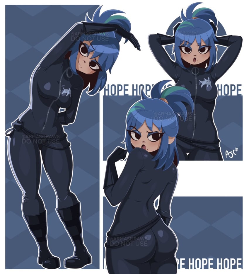 armasdraws arms_up ass blue_hair clothed dark_clothing fortnite fortnite:_battle_royale heroic_hope_(fortnite) hope_(fortnite) stretching