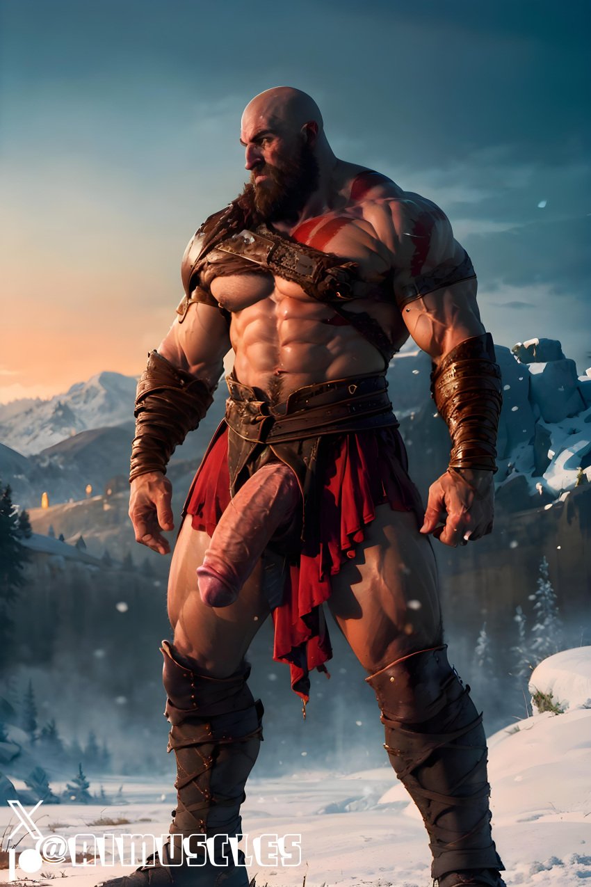 1boy ai_generated aimuscles bald bald_man bara barely_clothed barely_covered beard big_penis daddy dilf facial_hair god_of_war kratos large_penis looking_at_viewer male male_focus male_only mature_male muscles muscular muscular_arms muscular_ass muscular_back muscular_legs nature nature_background older_male outdoor_nudity outdoors partially_clothed_male partially_nude partially_undressed penis penis_sticking_out public public_exposure red_markings red_skirt scantily_clad snow snowy_background winter