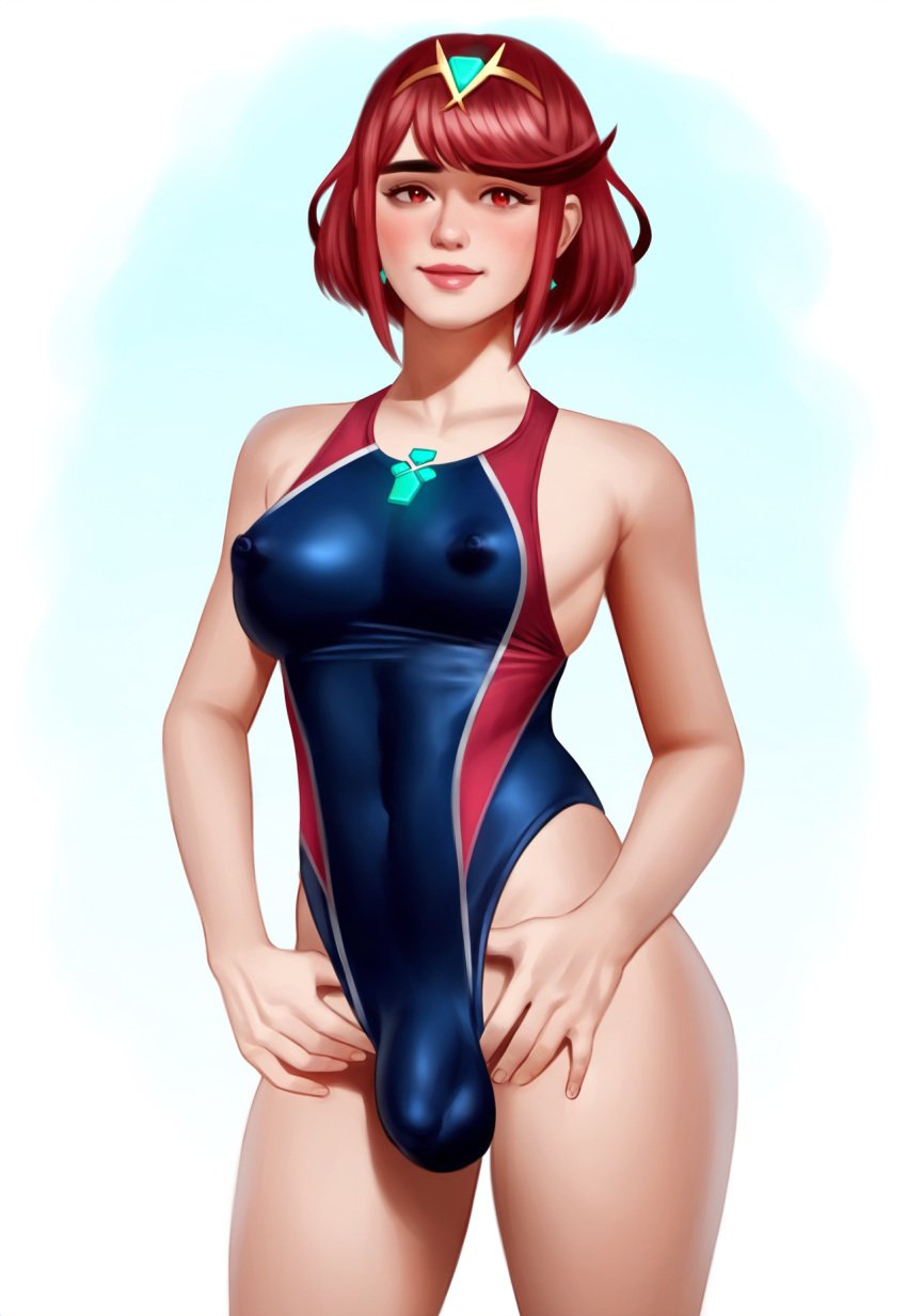 1boy ai_generated bob_cut breasts bulge chest_jewel competition_swimsuit core_crystal_(xenoblade) covered_nipples cowboy_shot cowboy_shot, female female_only futanari hair_ornament lips one-piece_swimsuit pyra pyra_(pro_swimmer)_(xenoblade) pyra_(xenoblade) realistic red_eyes red_hair robofun swept_bangs thick_eyebrows thick_lips tiara xenoblade_chronicles_2