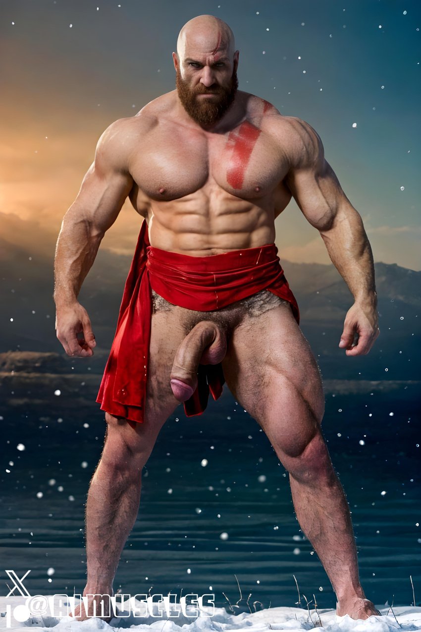 1boy ai_generated aimuscles bald bald_man bara barely_clothed barely_covered beard big_penis daddy dilf facial_hair god_of_war kratos large_penis looking_at_viewer male male_focus male_only mature_male muscles muscular muscular_arms muscular_ass muscular_back muscular_legs nature nature_background older_male outdoor_nudity outdoors partially_clothed_male partially_nude partially_undressed penis penis_sticking_out public public_exposure red_markings red_skirt scantily_clad snow snowy_background winter