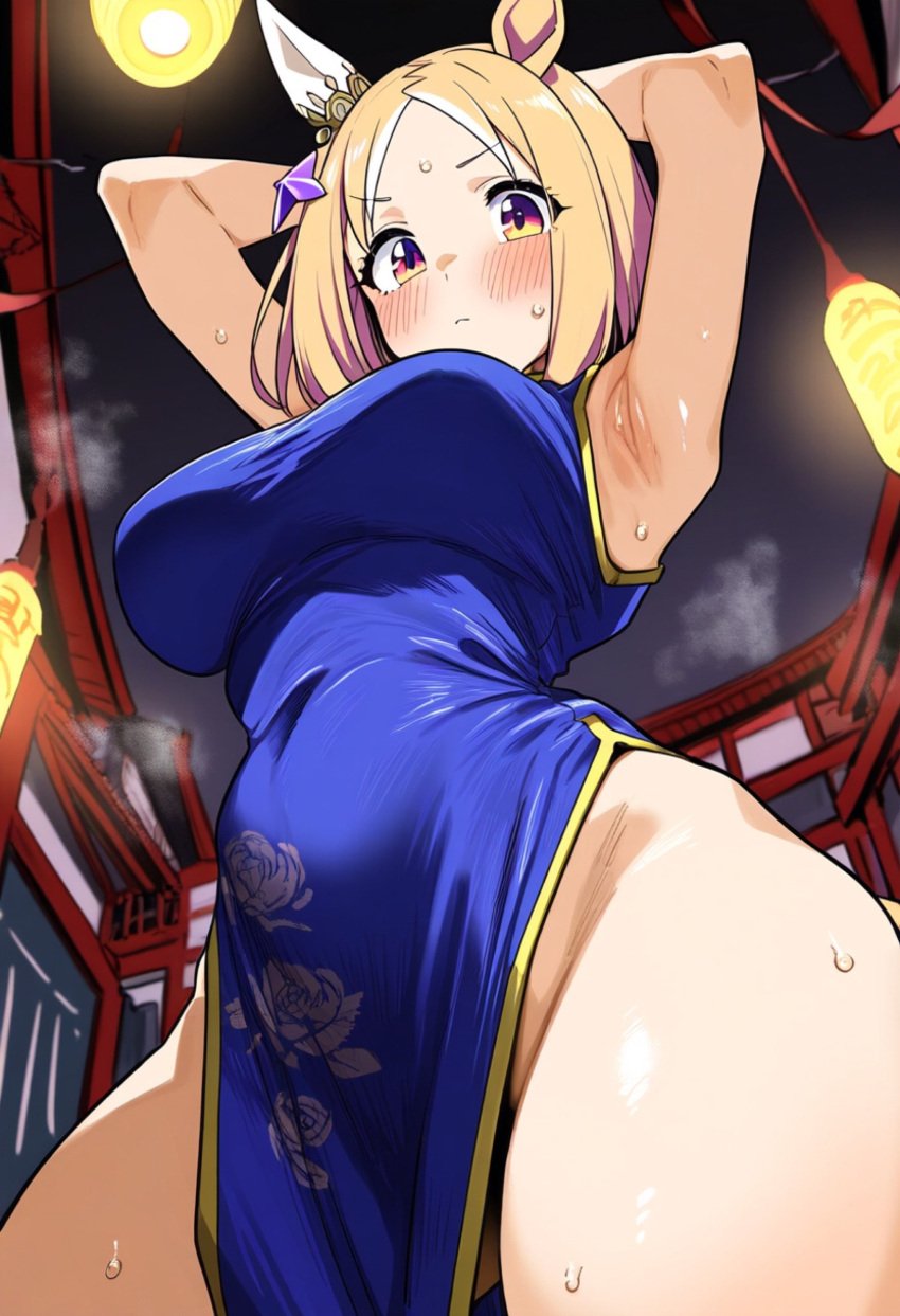 ai_generated armpits chinese_dress hands_behind_head high_cut narita_top_road_(umamusume) steaming_body sweatdrop umamusume