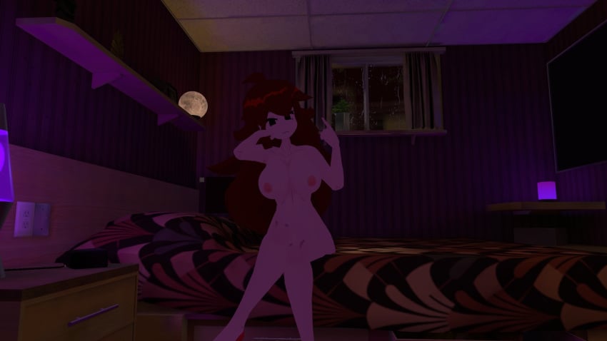1girl breasts brown_hair crossed_legs friday_night_funkin girlfriend_(friday_night_funkin) girlfriend_(shadsterwolf) hand_on_head naked naked_female on_bed only_female raining smug vrchat vrchat_avatar