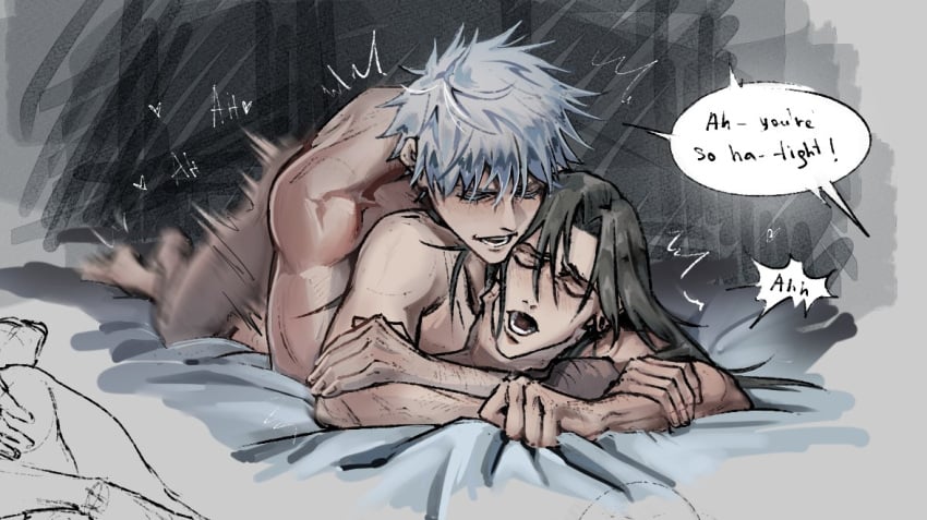 1boy 2boys bedroom black_hair closed_eyes couple cum_inside english_text fetish fingers fingers_in_mouth gay jujutsu_kaisen missionary_position moaning muscular muscular_male penetration satoru_gojo slave suguru_geto sweating white_hair