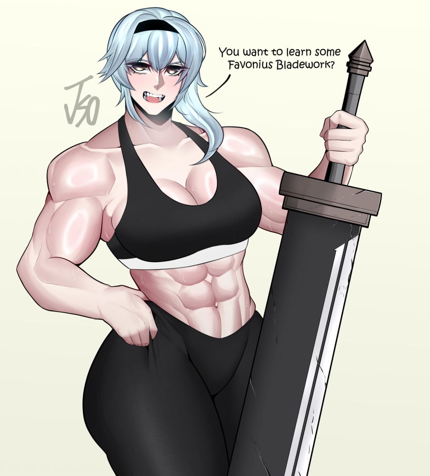 1girl absurdres alternate_muscle_size artist_name black_hairband black_headband black_leggings black_sports_bra blue_hair breasts cleavage english_text eula_(genshin_impact) genshin_impact greatsword hairband hand_on_own_hip headband highres holding holding_weapon jso large_breasts leggings looking_at_viewer medium_hair muscular muscular_female navel open_mouth shiny_skin simple_background solo sports_bra sportswear sweat sword teeth thick_thighs thighs tongue weapon yellow_background yellow_eyes