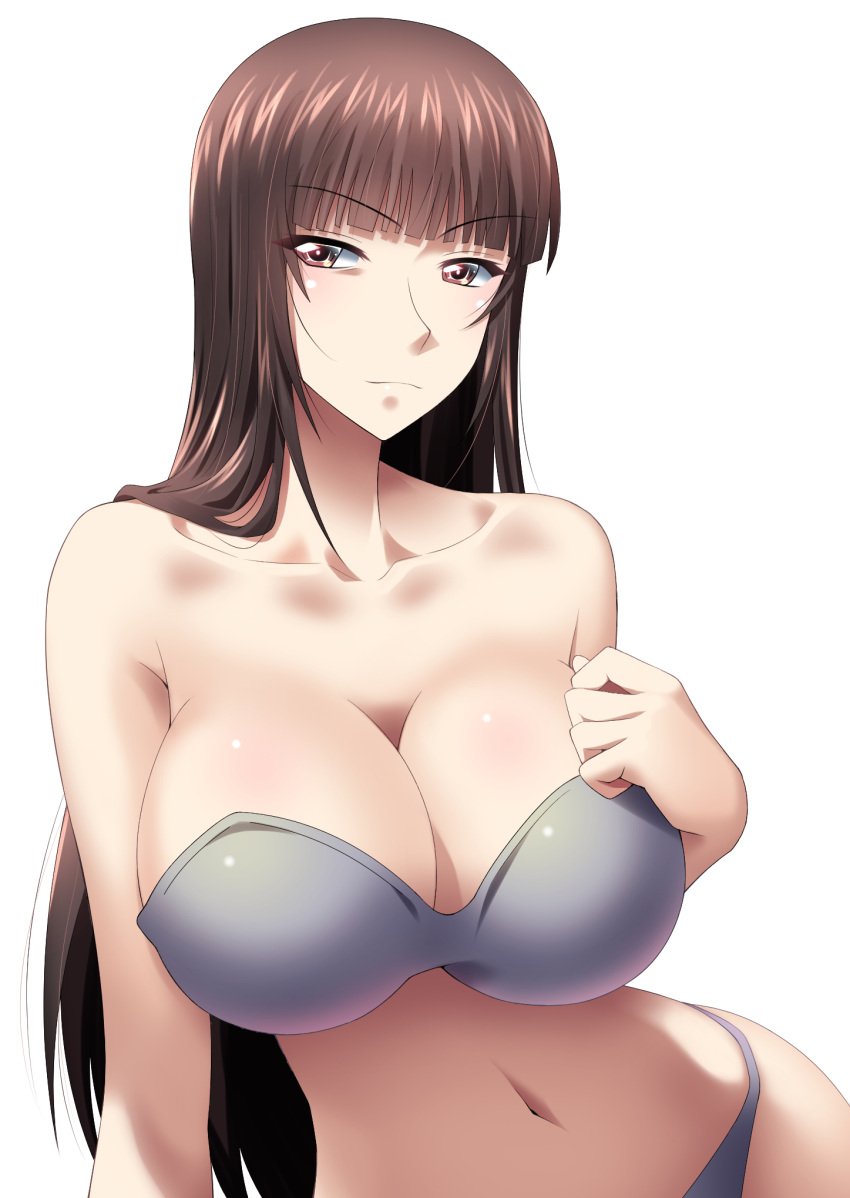 1girls absurd_res absurdres belly belly_button bra breasts brown_eyes brown_hair cleavage collarbone eyebrows_visible_through_hair female female_focus girls_und_panzer grey_clothing grey_underwear high_resolution highres huge_breasts large_breasts light-skinned_female light_skin long_hair looking_at_viewer mature mature_female memotonoshiwatsubasa midriff milf mommy mother nishizumi_shiho panties pointy_chin simple_background solo solo_female solo_focus thong underwear very_long_hair white_hair