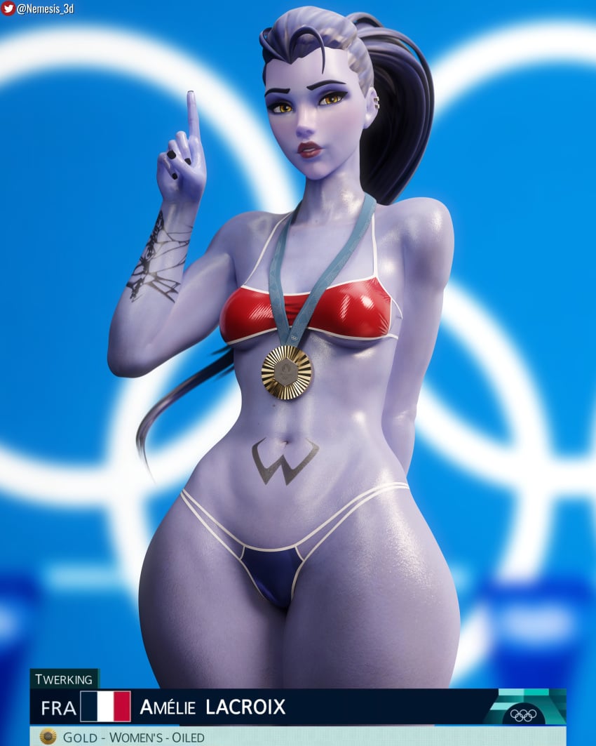 1girls 3d absurd_res amelie_lacroix athletic_wear bikini blizzard_entertainment bottom_heavy breasts clothing cowboy_shot ear_piercing female female_only fit fit_female gold_medal hi_res highres hips human lipstick long_hair looking_at_viewer navel neckwear nemesis_3d olympics overwatch overwatch_2 pale_skin paris_2024 ponytail purple_hair purple_skin solo solo_female standing swimwear tattoo thick_thighs thighs wide_hips widowmaker yellow_eyes