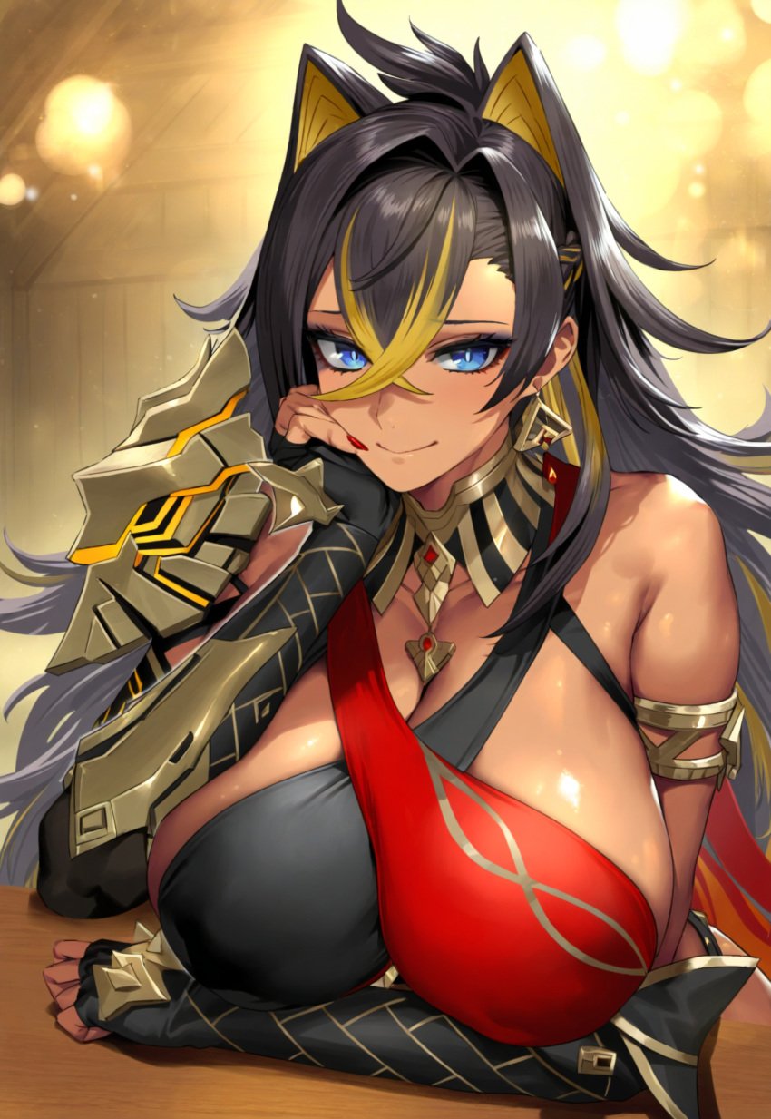 1girls 2vuiai ai_generated big_breasts blue_eyes breasts clothed clothed_female clothing dark-skinned_female dark_skin dehya_(genshin_impact) female female_only genshin_impact gigantic_breasts huge_breasts large_breasts looking_at_viewer massive_breasts muscular muscular_female upper_body voluptuous