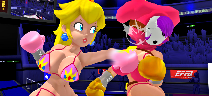 2girls 3d 3d_(artwork) arena big_breasts big_thighs bikini blonde_hair blue_eyes boxing boxing_gloves boxing_ring breasts catfight cleavage clenched_teeth closed_eyes curvy doyle44 duo female female_focus female_only fight fighting fighting_ring gloves hood huge_breasts indoors large_breasts left_hook light-skinned_female light_skin long_hair mario_(series) mask mmd nintendo pink_boxing_gloves pink_gloves pink_hood princess_peach punch punching_face purple_hair ryona shy_gal shy_gal_pink thick thick_hips thick_thighs thighs wide_hips yellow_boxing_gloves yellow_gloves