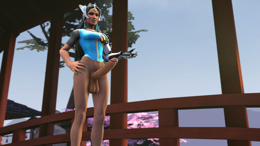 1futa 3d balls bare_legs big_balls big_penis black_hair bottomless breasts brown_eyes dark-skinned_futanari dark_skin derpsycho333 dickgirl erection futa_only futanari huge_cock intersex overwatch penis solo solo_futa source_filmmaker standing symmetra tan_skin wide_hips