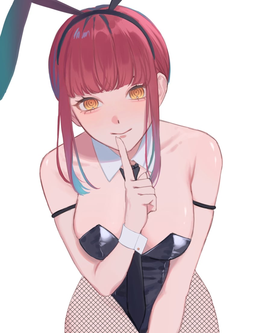 ass big_breasts breasts bunny_ears bunny_girl bunny_tail bunnysuit chainsaw_man cleavage finger_on_mouth finger_to_mouth fishnets hushing latex latex_clothing latex_suit makima_(chainsaw_man) necktie necktie_between_breasts pointy_chin red_hair shushing sideboob