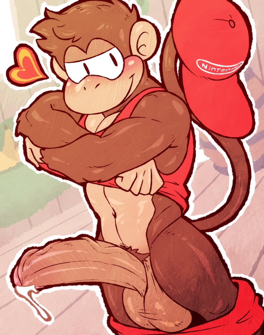 anthro athletic athletic_anthro athletic_male balls big_balls big_penis blush bodily_fluids bottomwear bottomwear_down brown_body brown_fur clothed clothing diddy_kong donkey_kong_(series) erection front_view fur gay gay_domination gay_male genital_fluids genitals haplorhine heart_symbol hexdisciple hi_res huge_cock humanoid_genitalia humanoid_penis kong male male_only mammal monkey nintendo pants pants_down partially_clothed penis precum primate smile solo standing tail tank_top_lift vein veiny_penis