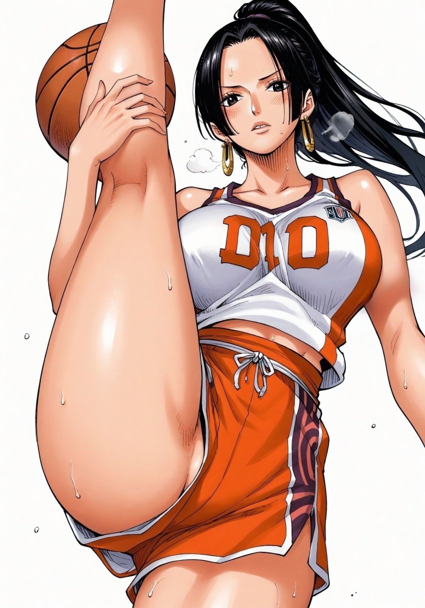 ai_generated alluring almost_naked almost_nude basketball basketball_(ball) basketball_shorts basketball_uniform black_eyes black_hair blush boa_hancock earring earrings female female_only hand_on_leg looking_at_viewer one_leg_up one_piece ponytail seducing seduction seductive seductive_body seductive_eyes seductive_gaze seductive_look seductive_mouth seductive_pose shiny_hair shiny_skin snake_earrings steamy_breath sweat sweatdrop sweating sweaty sweaty_body voluptuous voluptuous_female yashin