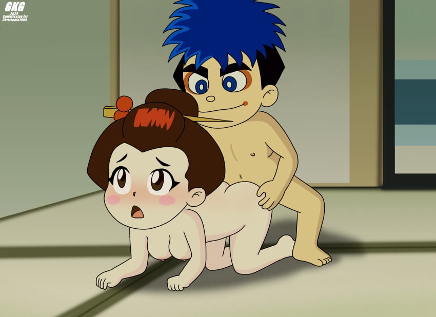 1boy1girl all_fours ambiguous_penetration ass blue_eyes blue_hair blush blush breasts brown_eyes brown_hair doggy_style ganbare_goemon gkg goemon hair_ornament hairpin konami looking_pleasured matching_hair/eyes medium_breasts nipples omitsu open_mouth sex straight straight