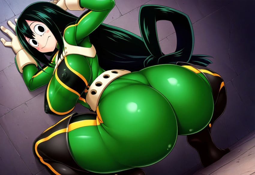 1female 1girls ai_generated ass ass_focus back_view big_ass big_breasts bodysuit boku_no_hero_academia breasts clothed dark_hair facing_away female female female_only from_behind from_behind_position fully_clothed gloves green_hair hi_res high_resolution highres huge_ass kokoyone large_ass large_breasts long_hair looking_at_viewer massive_ass my_hero_academia pussy sideboob solo squatting tagme thick_thighs thighs tsuyu_asui very_long_hair