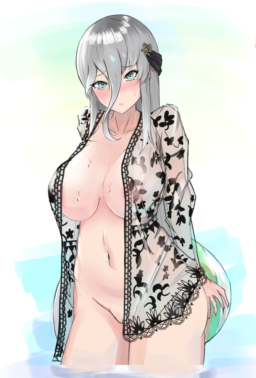 big_breasts blush breasts crying gray_hair green_eyes large_hair marvelous nude nude_female open_mouth see-through_clothing senko_(senran_kagura) senran_kagura senran_kagura_new_link solo solo_female teenage_girl teenager transparent_clothing vagina