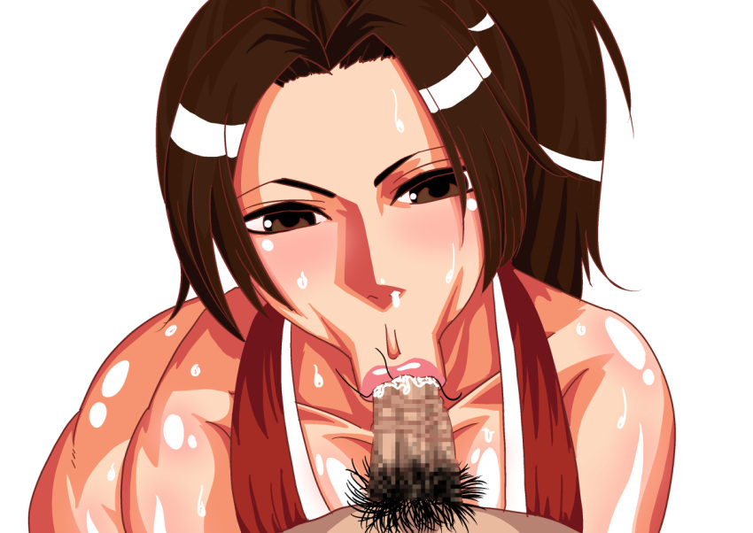 1boy 1girls :>= alternate_version_available bare_shoulders black_eyes blush brown_hair censored drooling duo erect_nipple erect_nipples erection eyelashes faceless_male fatal_fury fellatio female female_focus front_view human king_of_fighters kunoichi lipstick long_hair looking_down mai_shiranui makeup male oral oral_sex pink_lipstick pubes pubic_hair saliva shiny shiny_skin simple_background snk solo_focus straight sweat teamtgs video_game video_games white_background