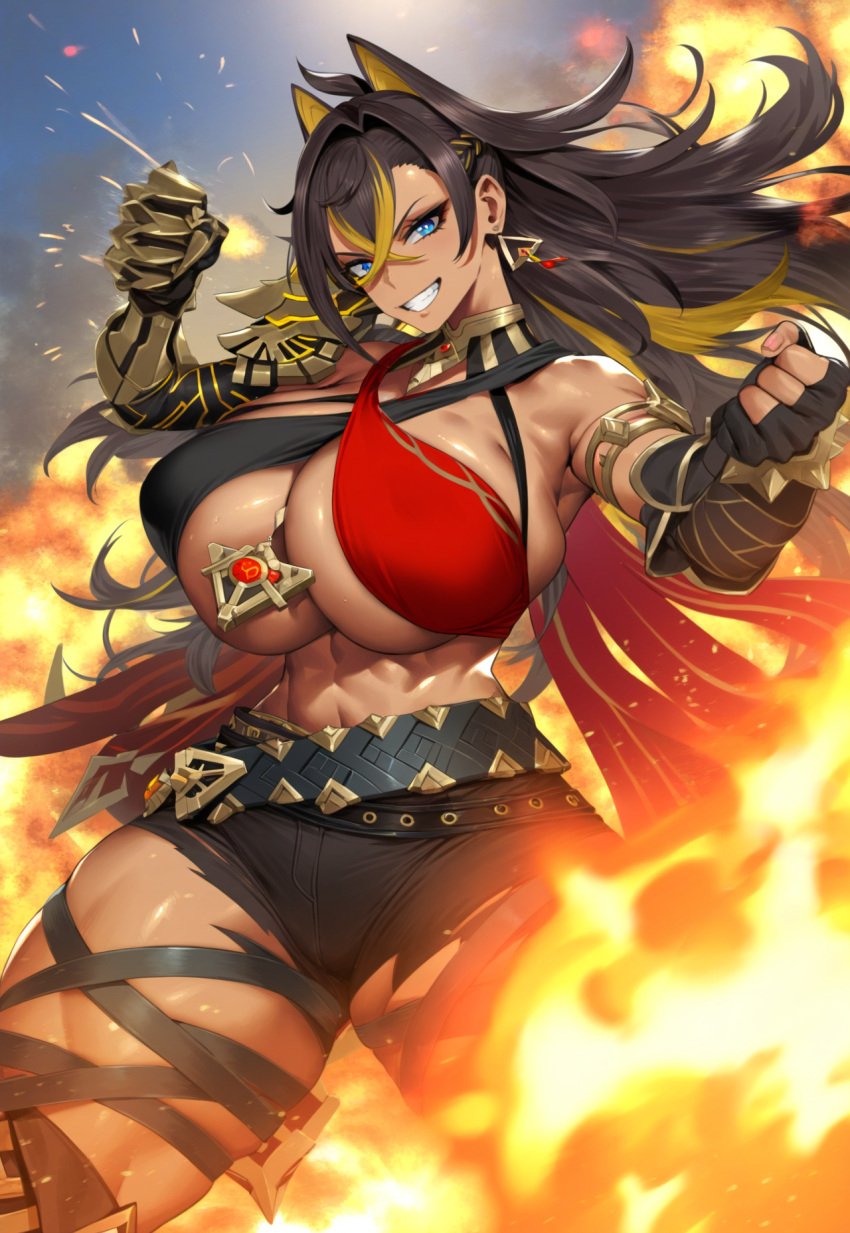 1girls 2vuiai abs ai_generated big_breasts big_thighs blue_eyes breasts clothed clothed_female clothing dark-skinned_female dark_skin dehya_(genshin_impact) female female_only genshin_impact gigantic_breasts gigantic_thighs huge_breasts huge_thighs large_breasts large_thighs massive_breasts massive_thighs muscular muscular_arms muscular_female muscular_thighs thick_thighs thighs voluptuous