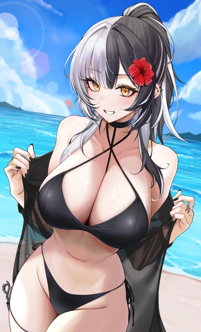 1girls beach black_hair blush cleavage hololive hololive_english hololive_english_-advent- large_breasts medium_hair mintz912 multicolored_hair shiori_novella two_tone_hair virtual_youtuber white_hair yellow_eyes