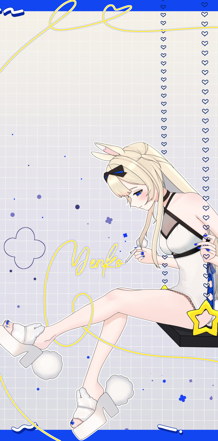 1girl animal_ears aqua_nails bangs bare_shoulders blonde_hair blue_eyes blue_nails blush bunny_ears bunny_girl checkered choker dress female from_side hair_between_eyes hair_ornament long_hair looking_at_viewer nail_polish ribbon sandals sidelocks sitting solo toenail_polish very_long_hair virtual_youtuber vyugen white_footwear yenko